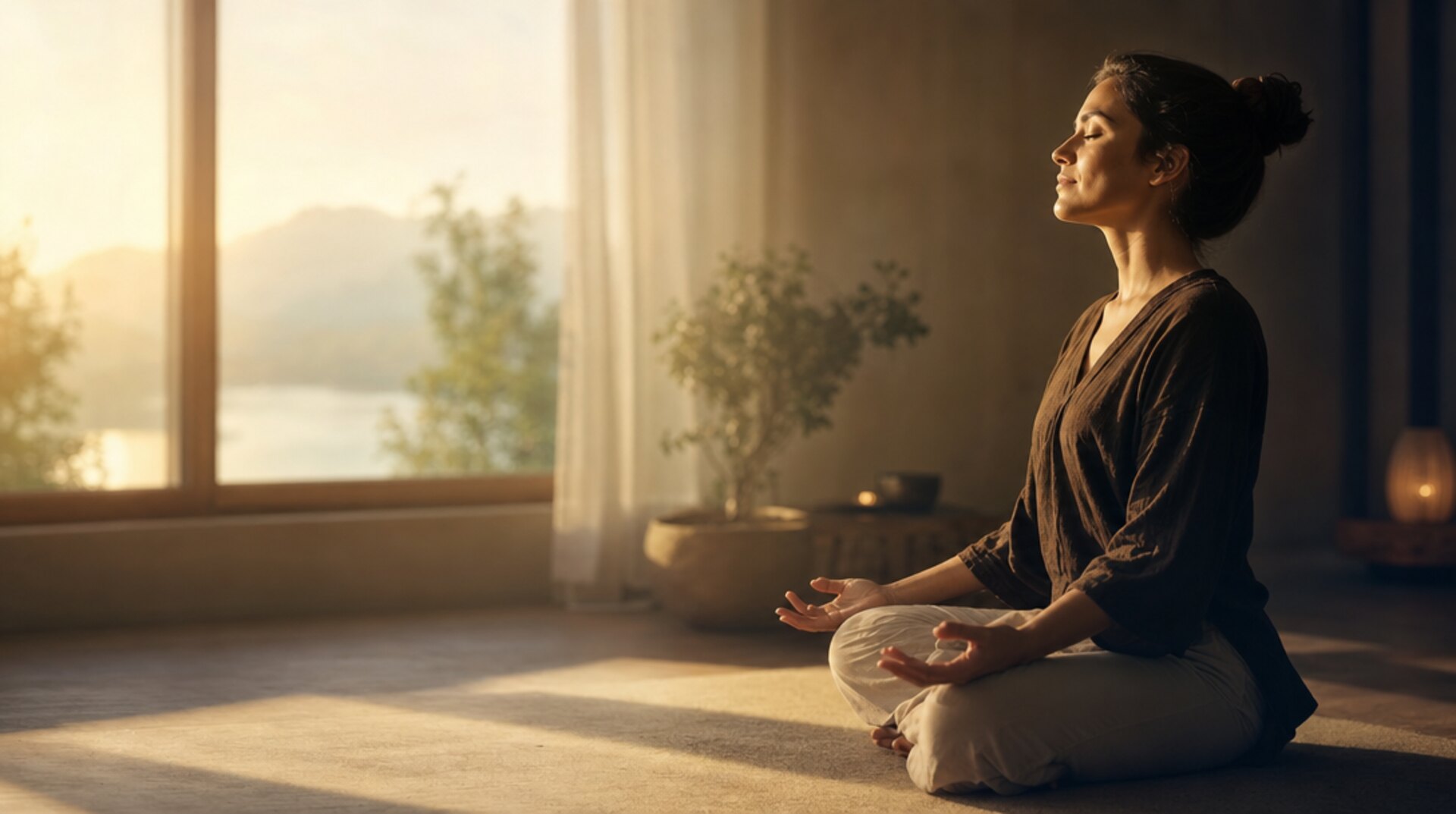 Mulher sentada em meditação, de olhos fechados, numa sala com luz suave de fim de tarde