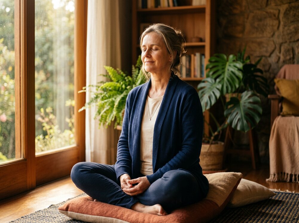Pessoa em meditação serena, expressão de calma e bem-estar, em ambiente acolhedor com luz natural